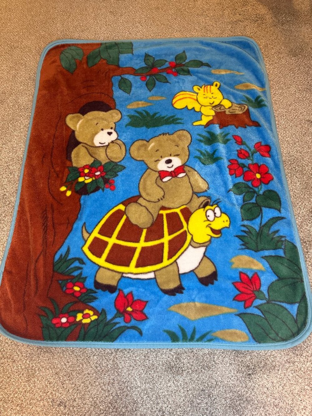 Rare 80s? Blue Plush Toddler Blanket Brown Teddy Bears Turtle Squirrel forest